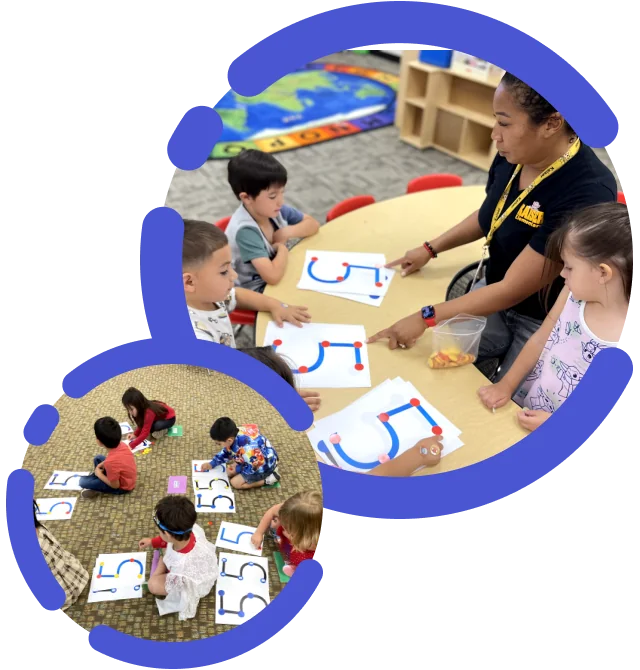 A teacher and kindergarten students practicing the number 5 with Touch Math cards