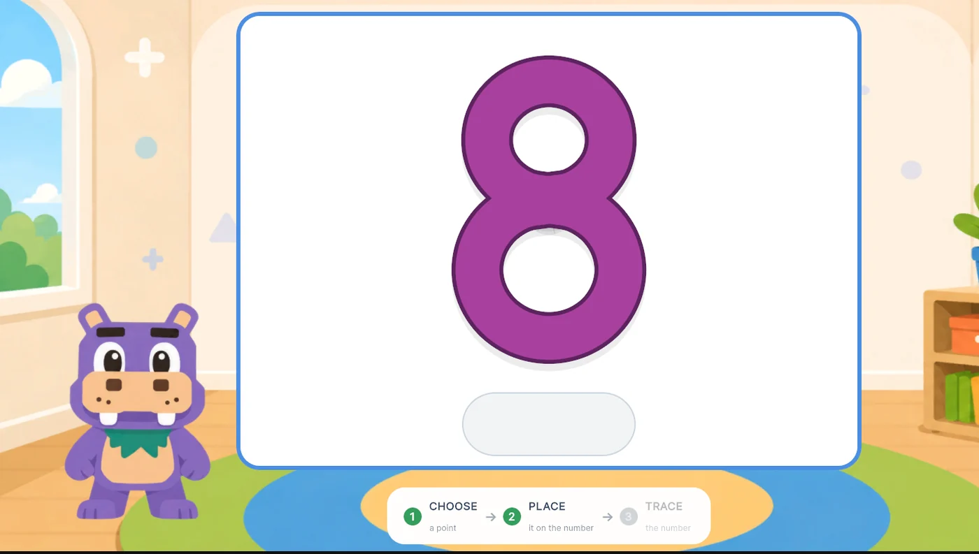 A Stemrace number-tracing activity: Manolo helps a student trace the number 8