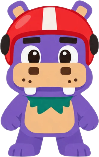 Manolo the hippo wearing a racing helmet