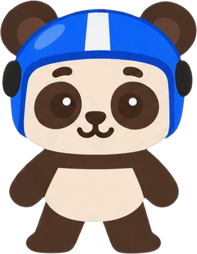 Mochi the panda wearing a racing helmet