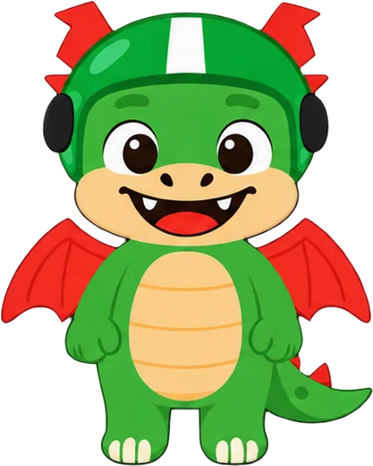 Zumi the dragon wearing a racing helmet