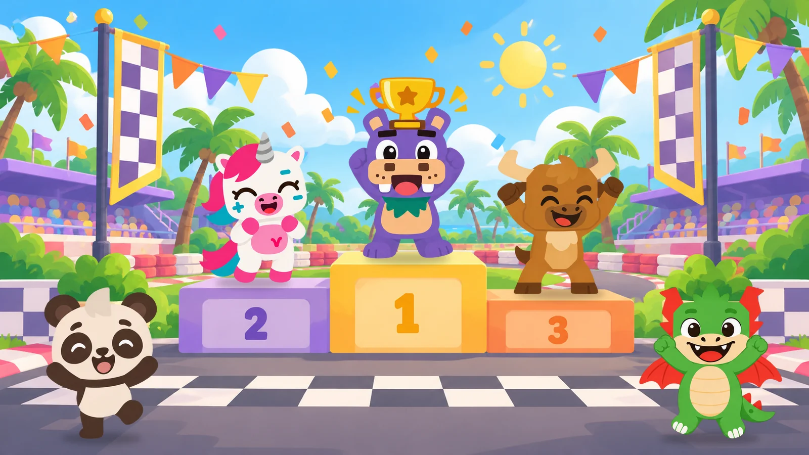 Manolo holds the trophy on the Stemrace podium while Luna, Xoco, Mochi and Zumi celebrate