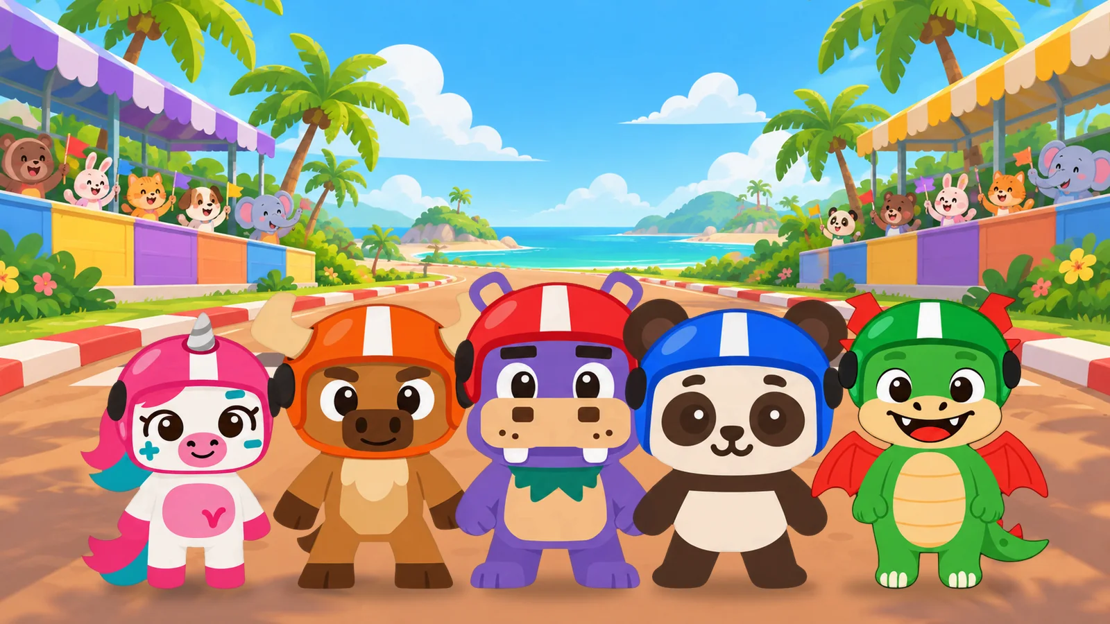 The 5 Stemrace racers, Luna, Xoco, Manolo, Mochi and Zumi, wearing helmets at the starting line